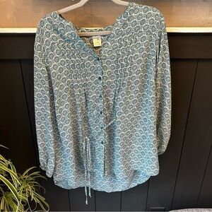 Terra & Sky Plus Size Long Sleeve V-Neck‎ Printed Top Cinched Waist 14W OX